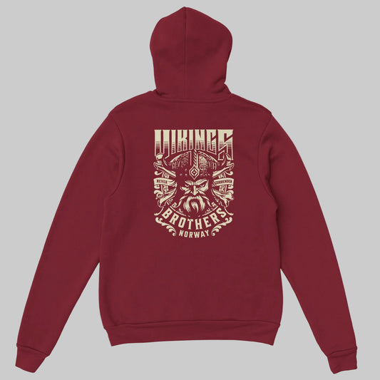 Vikings Never Surrender Hoodie i Garnet – flat lay ryggdesign – Nordic Hoodies