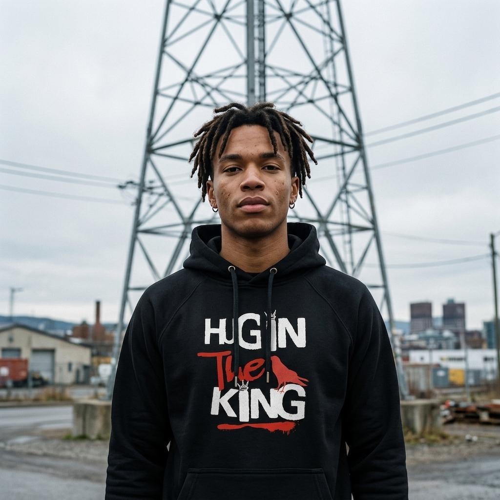 Hugin the King hoodie, i Black, mann stående foran en signalmast i et urbant miljø – sett forfra
