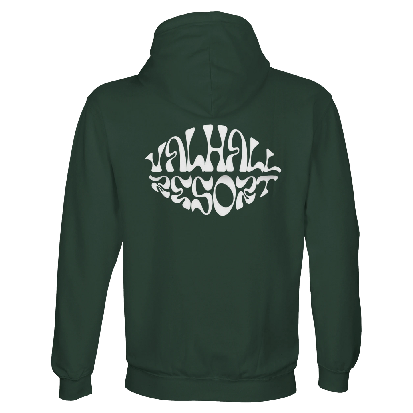 Valhall Resort Hoodie i Bottle Green – flat lay ryggdesign – Nordic Hoodies