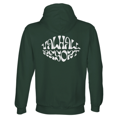Valhall Resort Hoodie i Bottle Green – flat lay ryggdesign – Nordic Hoodies