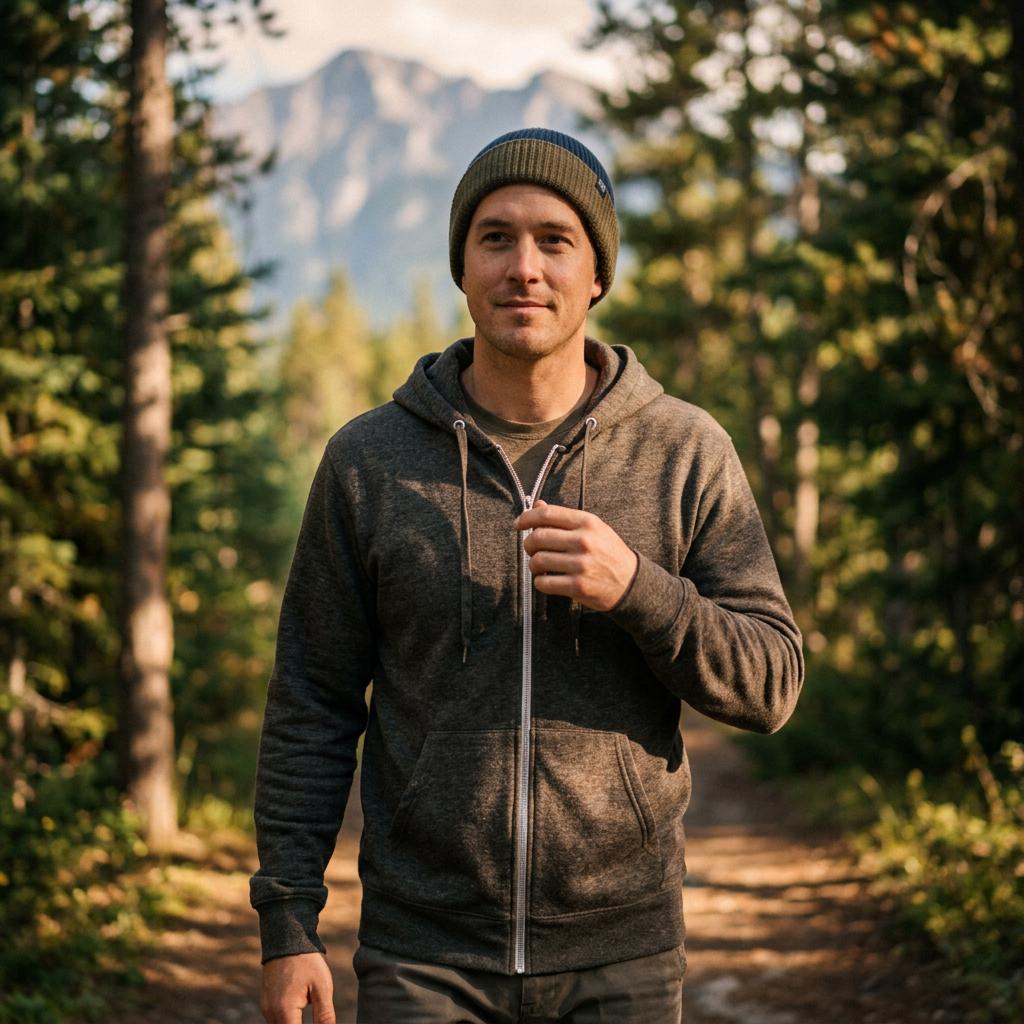 Café Valhall Zip Hoodie i Charcoal Heather – mann i skog med lue – Nordic Hoodies