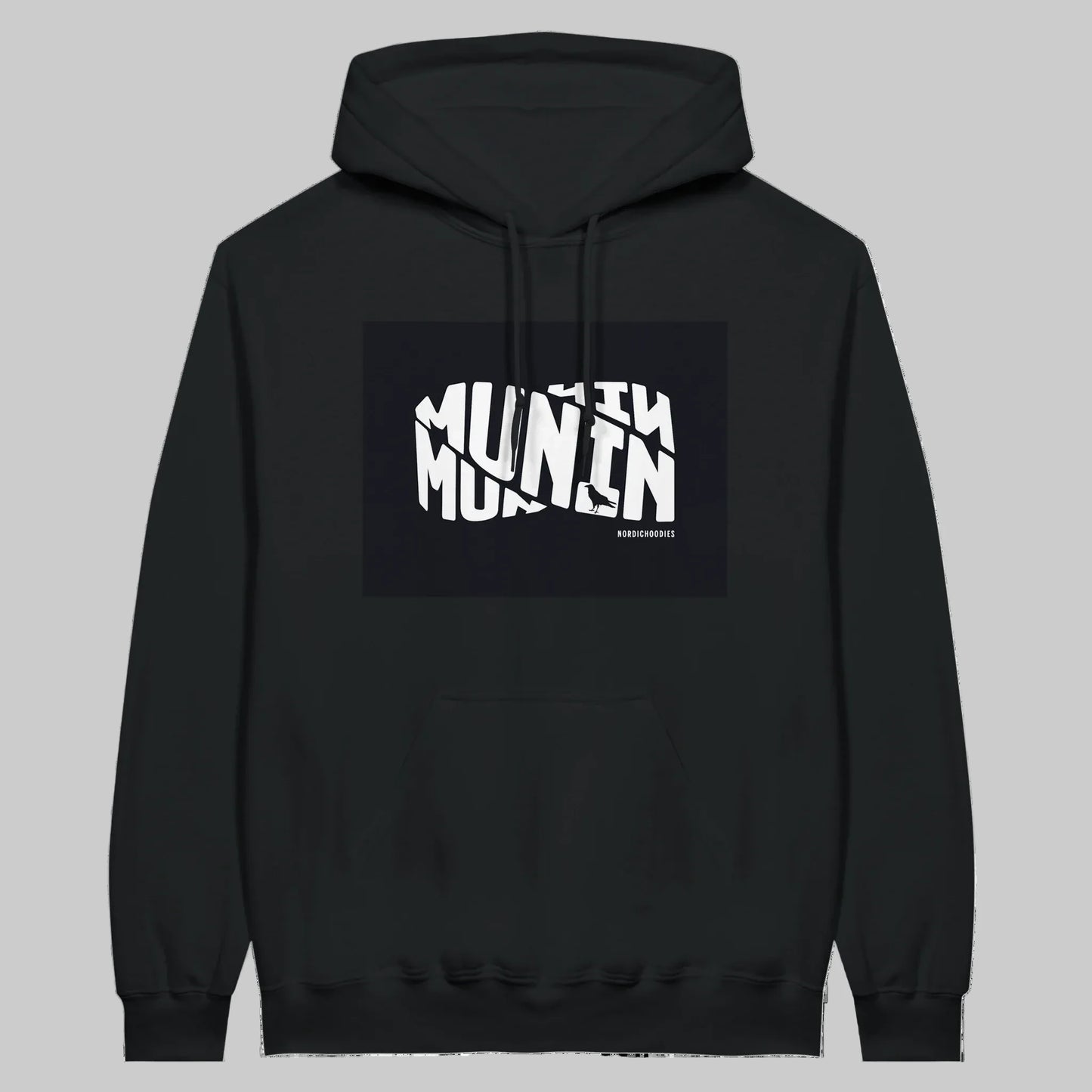 Munin Hoodie i Black – flat lay forfra – Nordic Hoodies