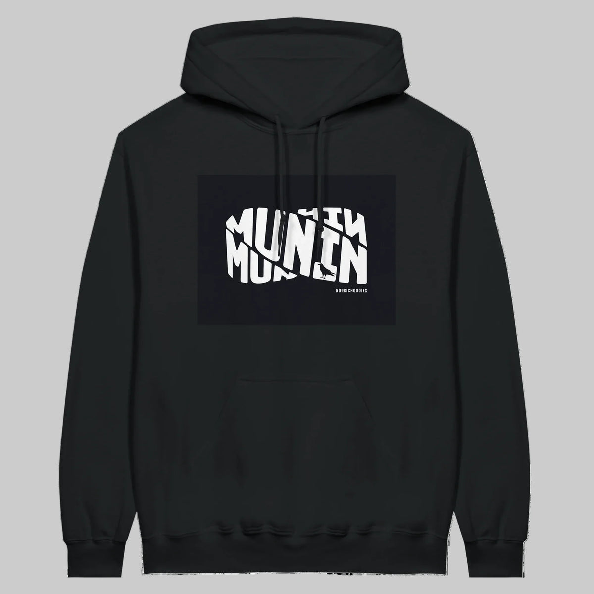 Munin Hoodie i Black – flat lay forfra – Nordic Hoodies