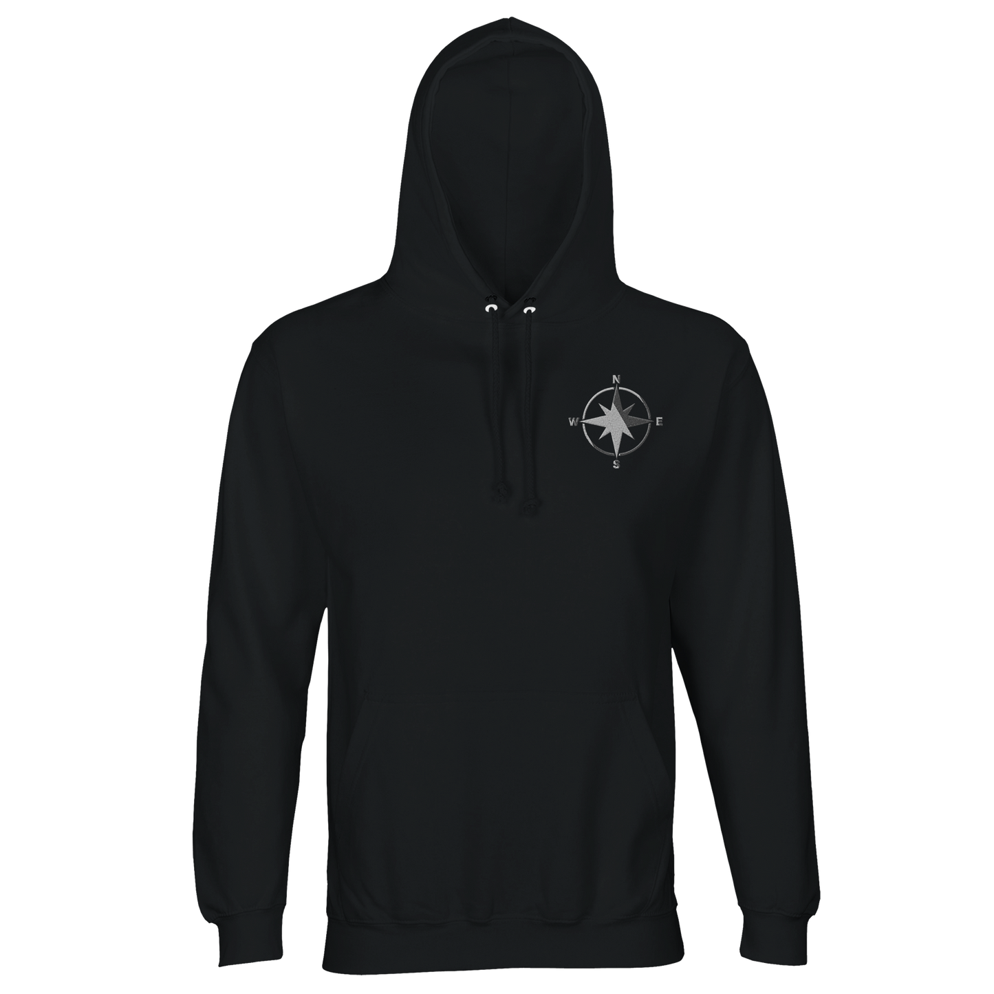 Kompassrosen Hoodie i Black, med helhvit kompassrose – liggene flatt, forfra – Nordic Hoodies