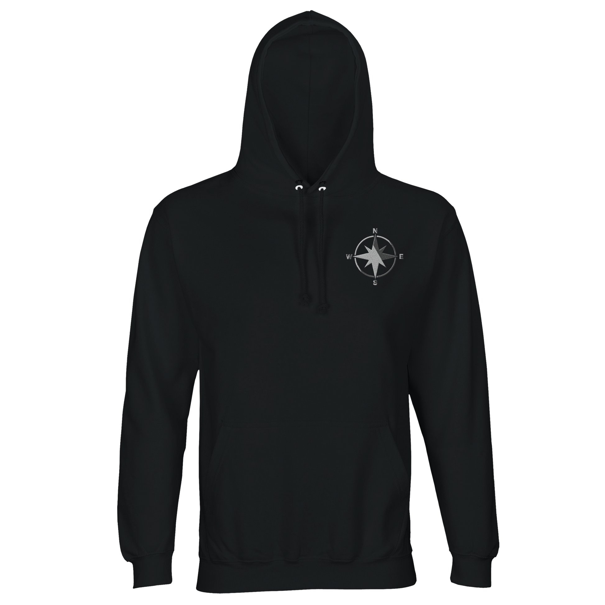 Kompassrosen Hoodie i Black, med helhvit kompassrose – liggene flatt, forfra – Nordic Hoodies