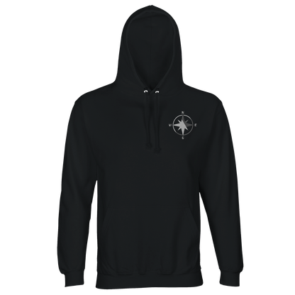 Kompassrosen Hoodie i Black, med helhvit kompassrose – liggene flatt, forfra – Nordic Hoodies