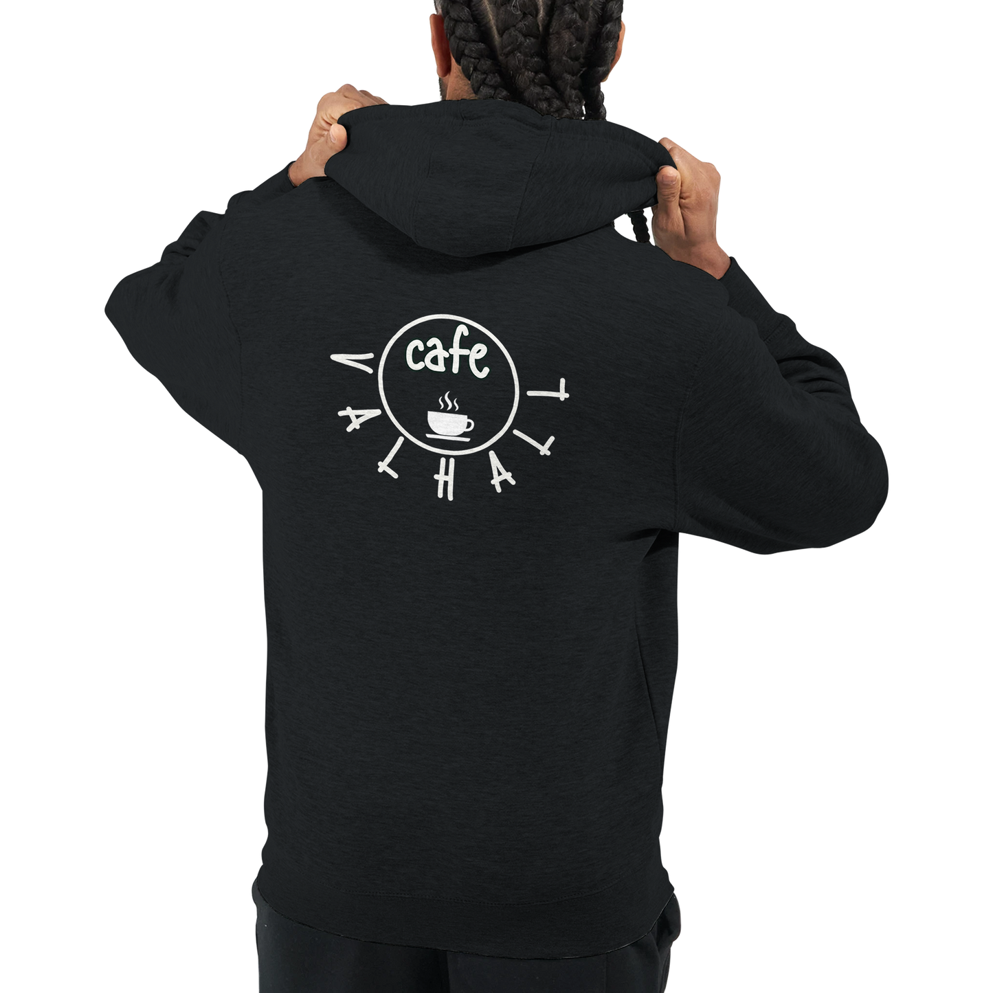 Café Valhall Zip Hoodie i Black – ryggdesign nærbilde – Nordic Hoodies
