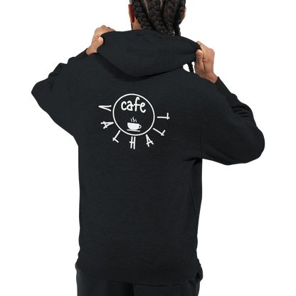 Café Valhall Zip Hoodie i Black – ryggdesign nærbilde – Nordic Hoodies