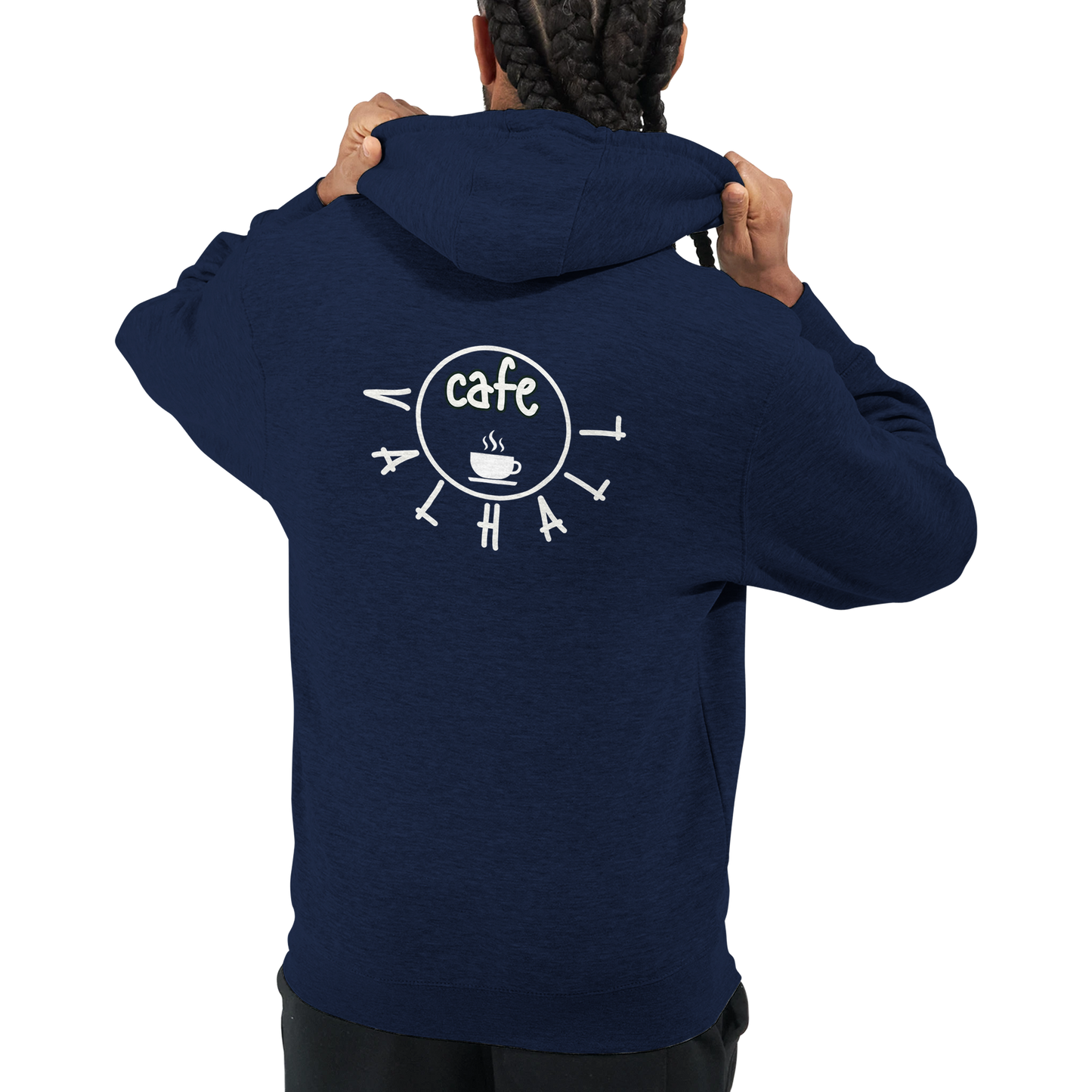 Café Valhall Zip Hoodie i Navy – ryggdesign, person bakfra – Nordic Hoodies
