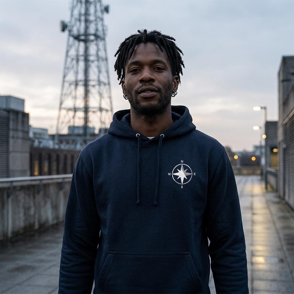 Kompassrosen Hoodie i French Navy med helhvit kompassrose – mann med radiomast i bakgrunnen i urbant bymiljø – Nordic Hoodies 