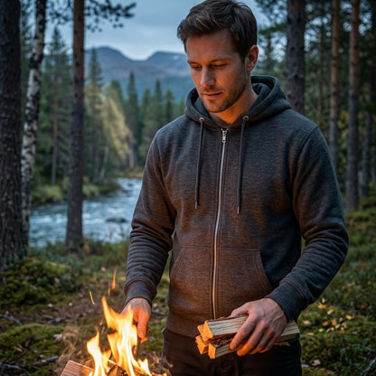 Café Valhall Zip Hoodie i Black – mann ved bål i skogen – Nordic Hoodies