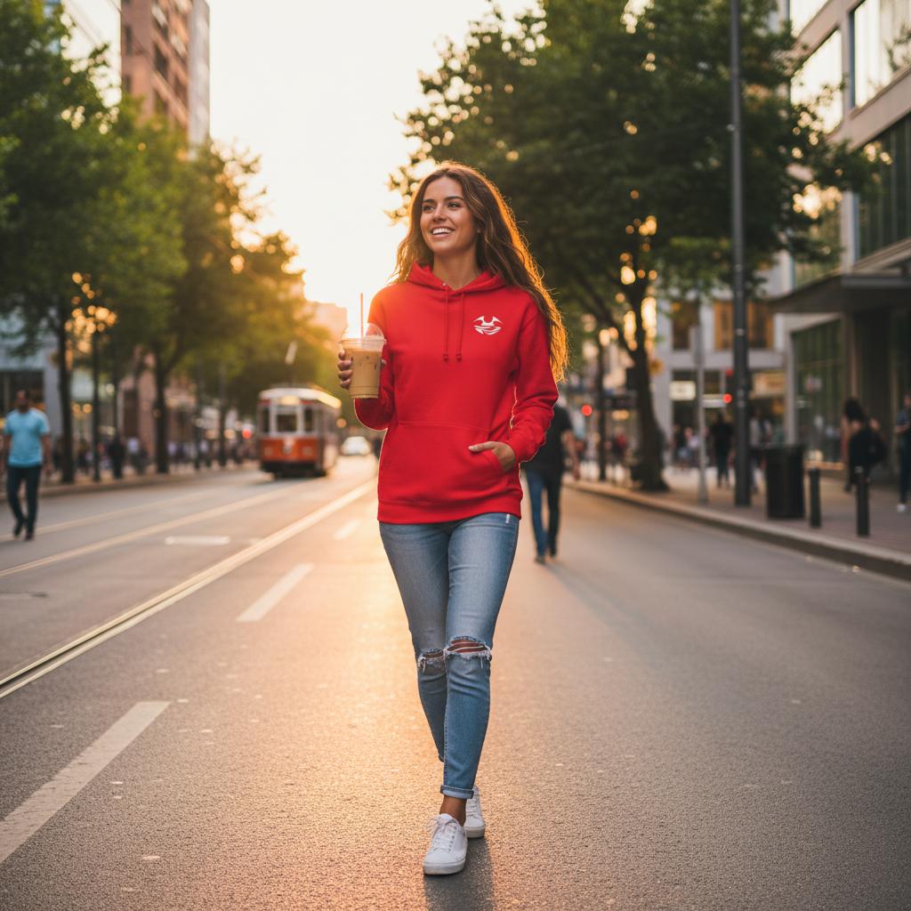 Valhall Resort Hoodie i Bright Red – dame forfra i bygate – Nordic Hoodies