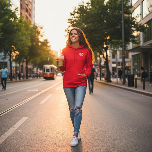 Valhall Resort Hoodie i Bright Red – dame forfra i bygate – Nordic Hoodies