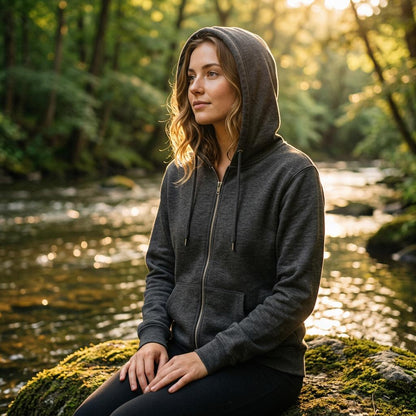 Café Valhall Zip Hoodie i Charcoal Heather – dame i skog – Nordic Hoodies
