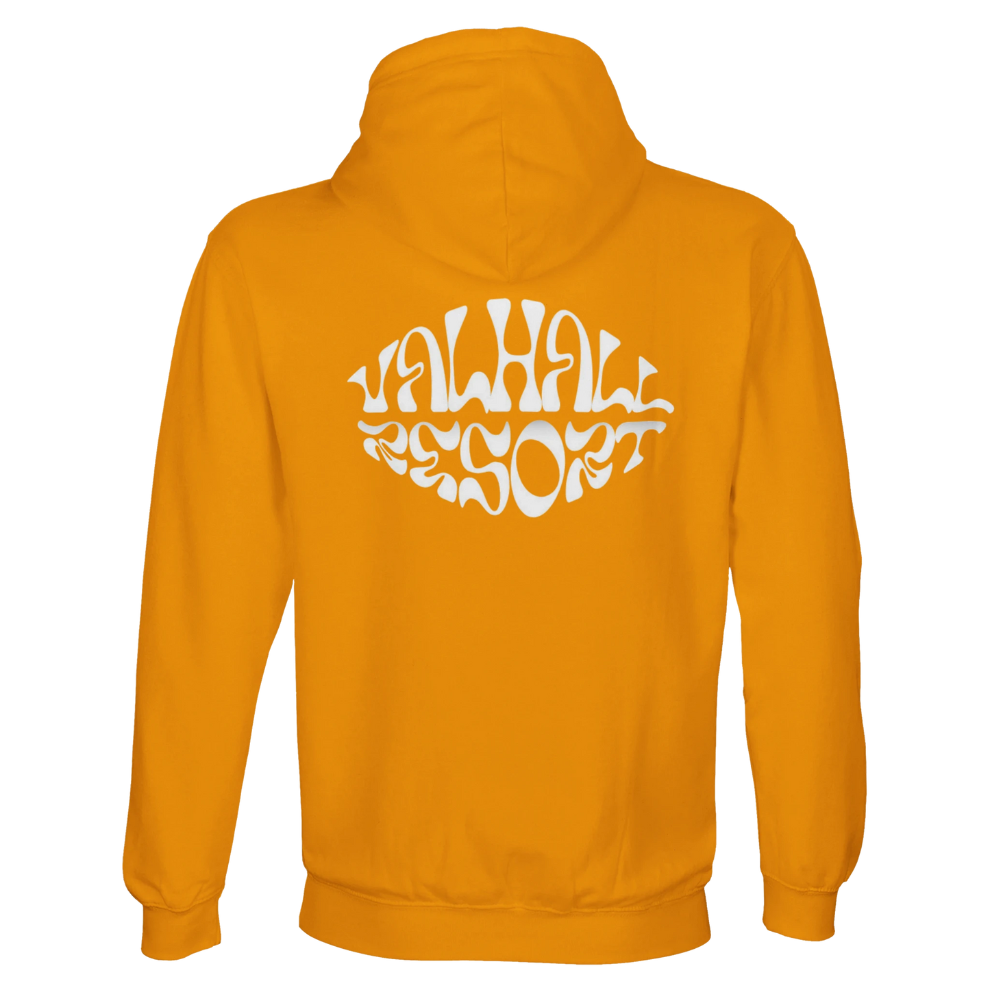 Valhall Resort Hoodie i Gold – flat lay ryggdesign – Nordic Hoodies