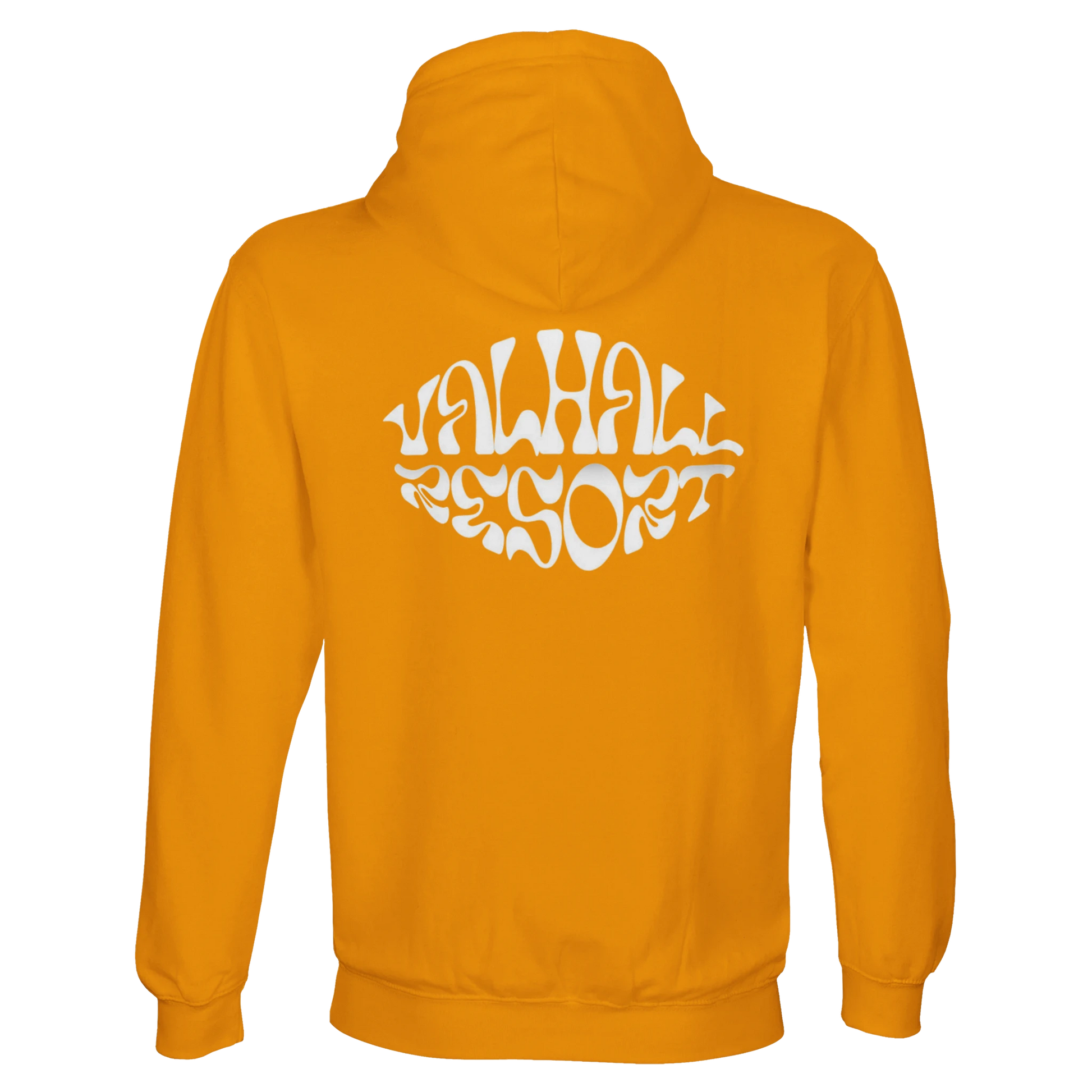Valhall Resort Hoodie i Gold – flat lay ryggdesign – Nordic Hoodies