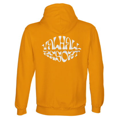 Valhall Resort Hoodie i Gold – flat lay ryggdesign – Nordic Hoodies