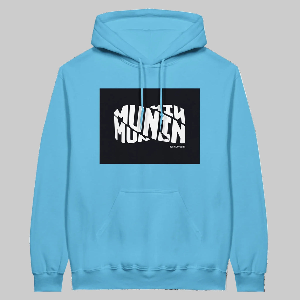Munin Hoodie i Sky – flat lay forfra – Nordic Hoodies