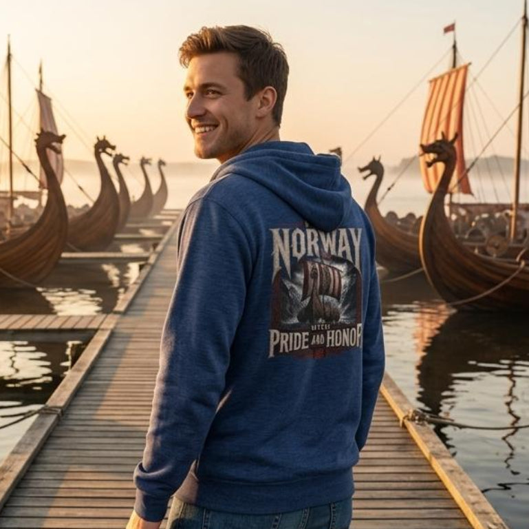 Cool!! "From Norway with Pride and Honor!!" Zip hoodie for den som tør å vise hva du elsker.
