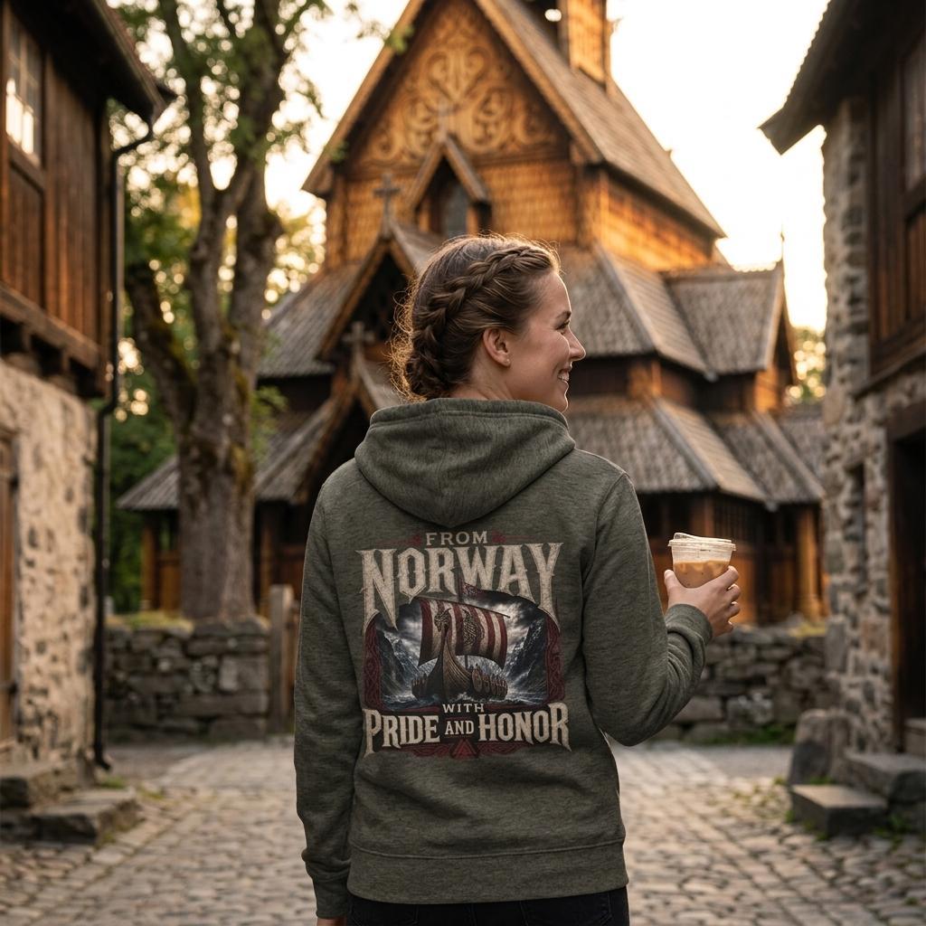 Cool!! "From Norway with Pride and Honor!!" Zip hoodie for den som tør å vise hva du elsker.