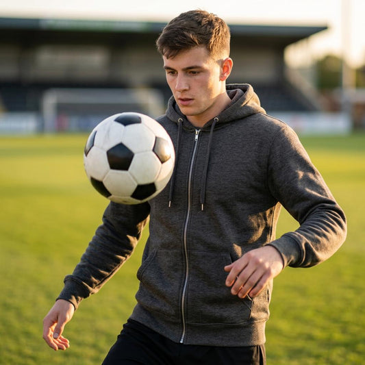 Café Valhall Zip Hoodie i Black – mann med fotball på bane – Nordic Hoodies
