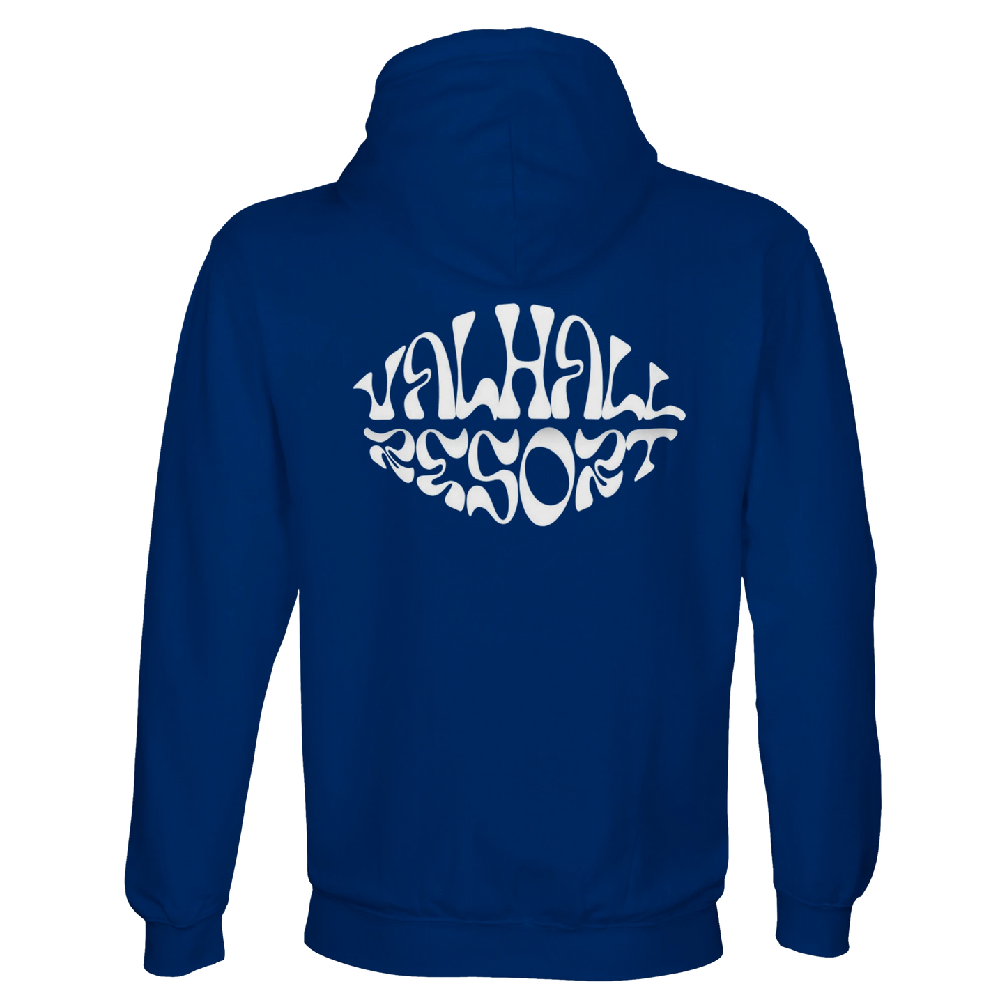 Valhall Resort Hoodie i Royal Blue – flat lay ryggdesign – Nordic Hoodies