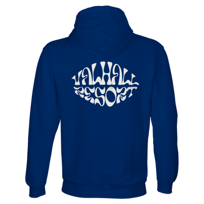 Valhall Resort Hoodie i Royal Blue – flat lay ryggdesign – Nordic Hoodies