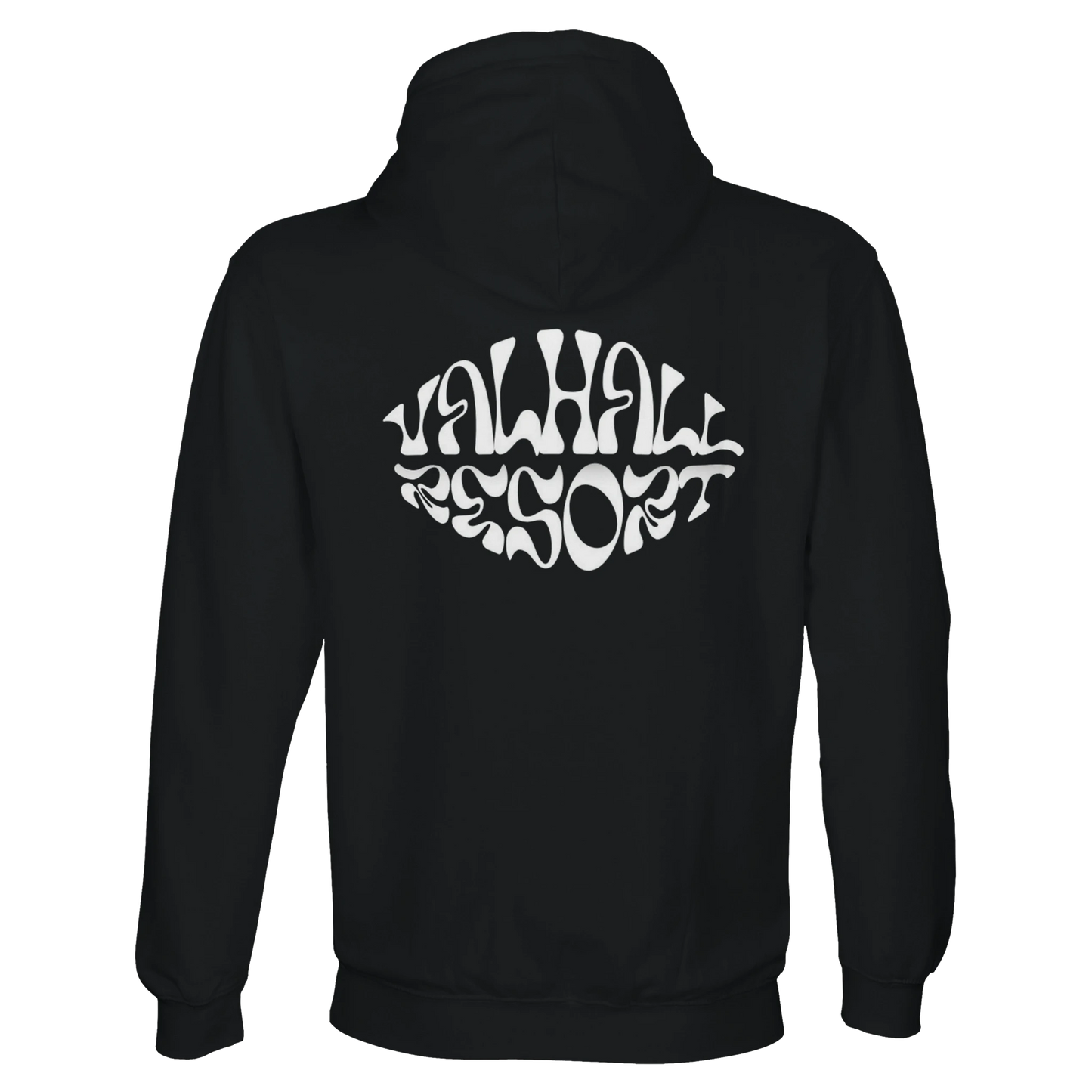 Valhall Resort Hoodie i Black – flat lay ryggdesign – Nordic Hoodies