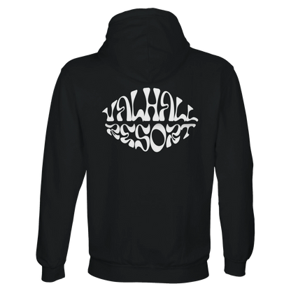 Valhall Resort Hoodie i Black – flat lay ryggdesign – Nordic Hoodies