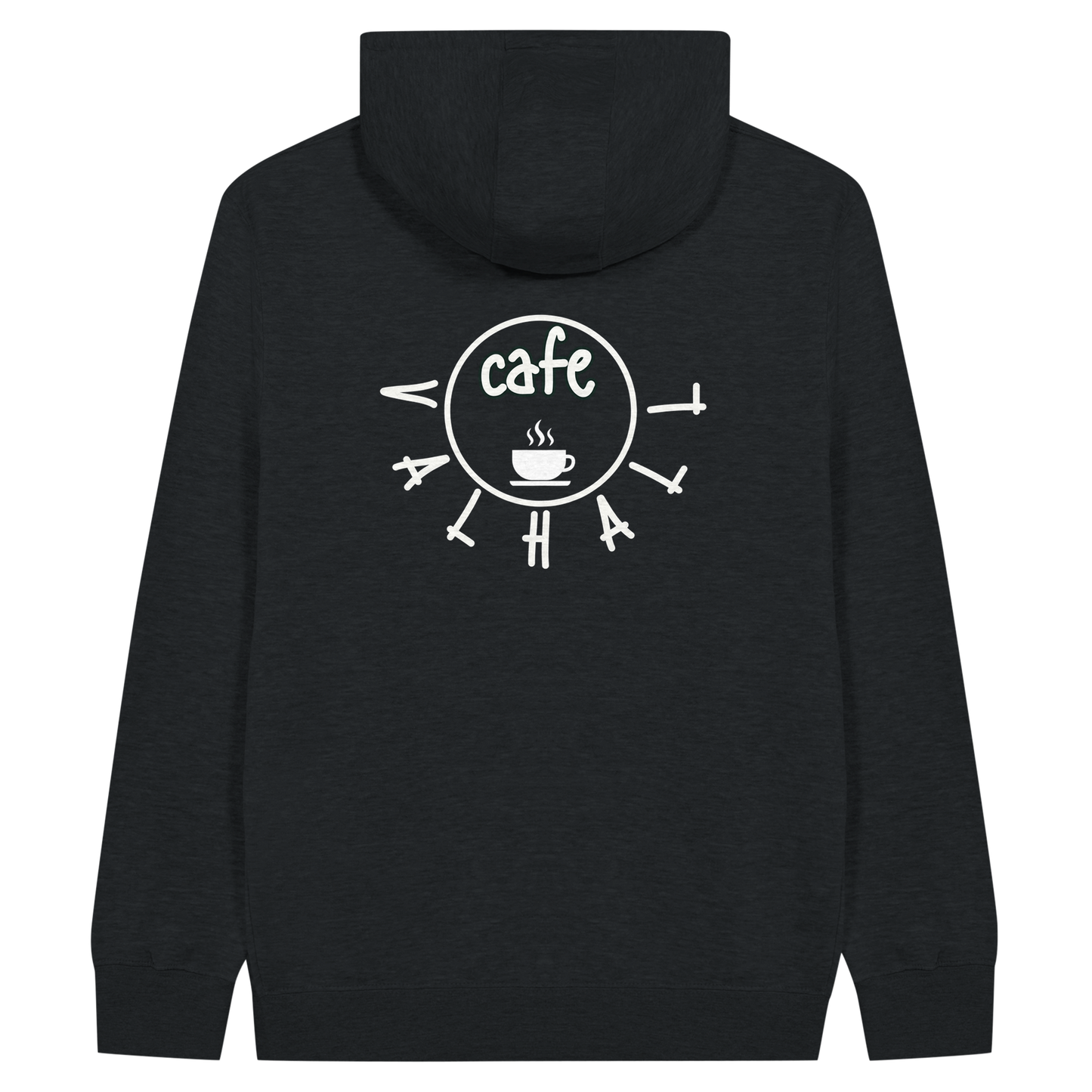 Café Valhall Zip Hoodie i Black – flat lay med ryggdesign – Nordic Hoodies