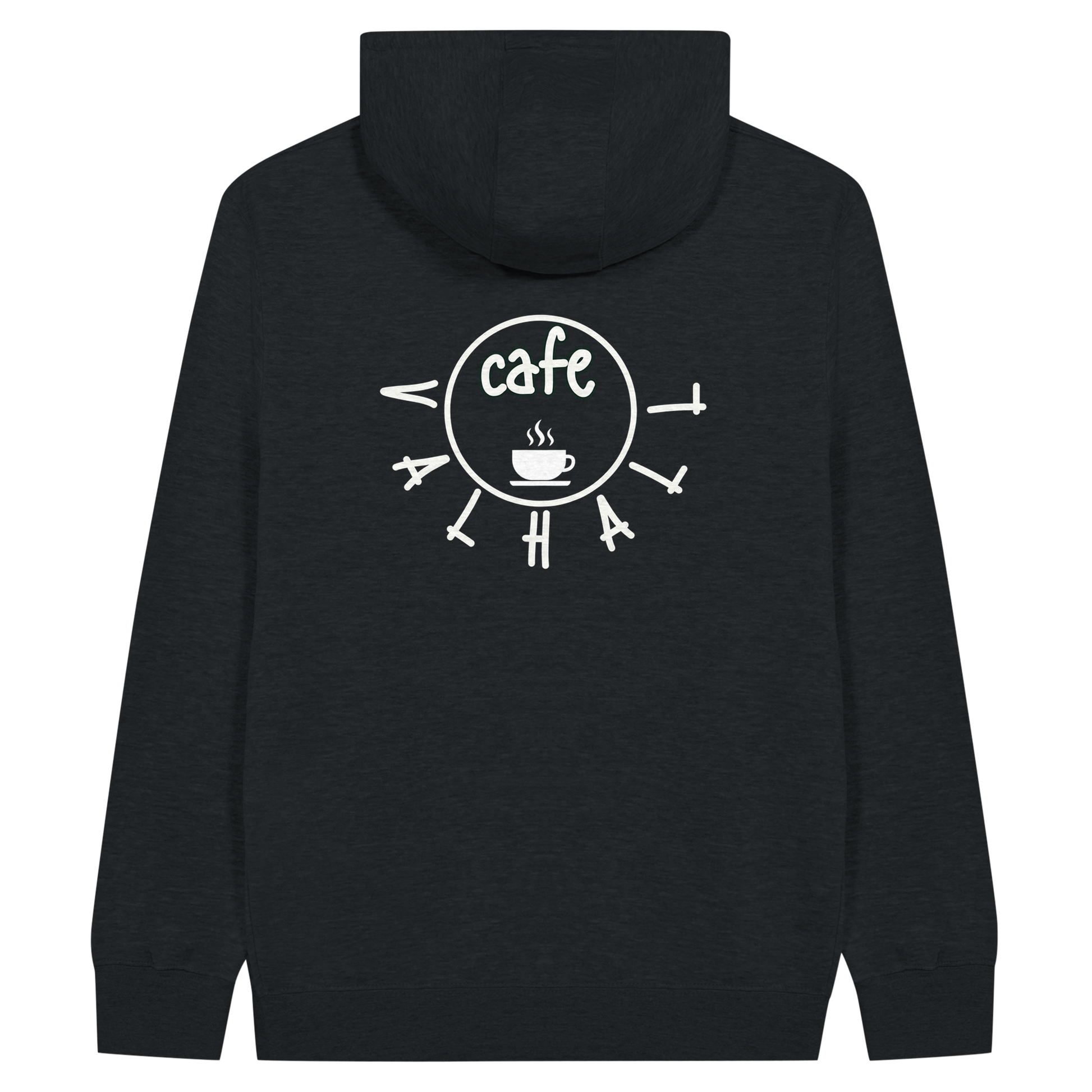 Café Valhall Zip Hoodie i Black – flat lay med ryggdesign – Nordic Hoodies