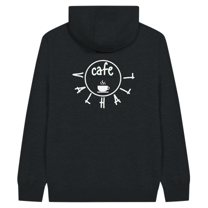 Café Valhall Zip Hoodie i Black – flat lay med ryggdesign – Nordic Hoodies