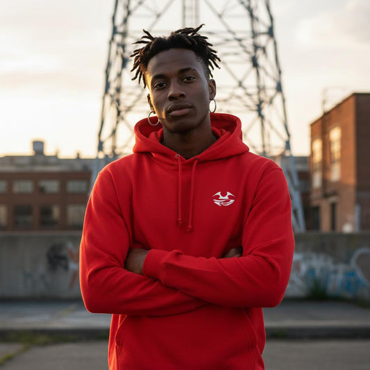 Valhall Resort Hoodie i Bright Red – mann forfra med armene i kors – Nordic Hoodies