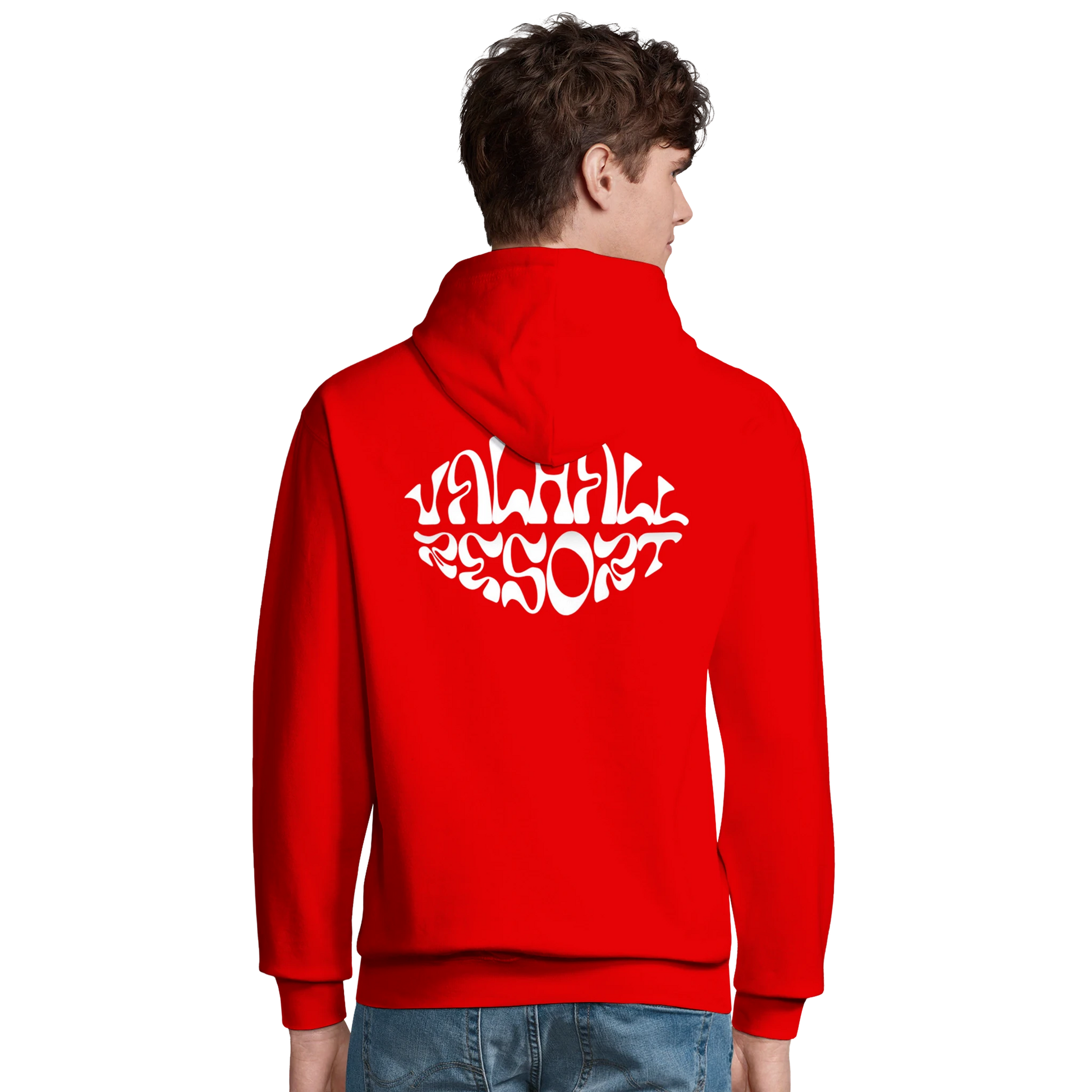 Valhall Resort Hoodie i Bright Red – flat lay ryggdesign – Nordic Hoodies