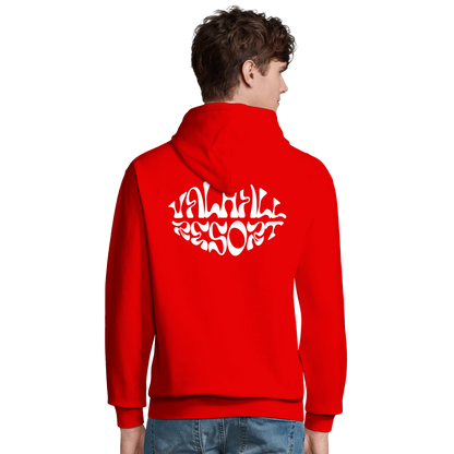 Valhall Resort Hoodie i Bright Red – flat lay ryggdesign – Nordic Hoodies