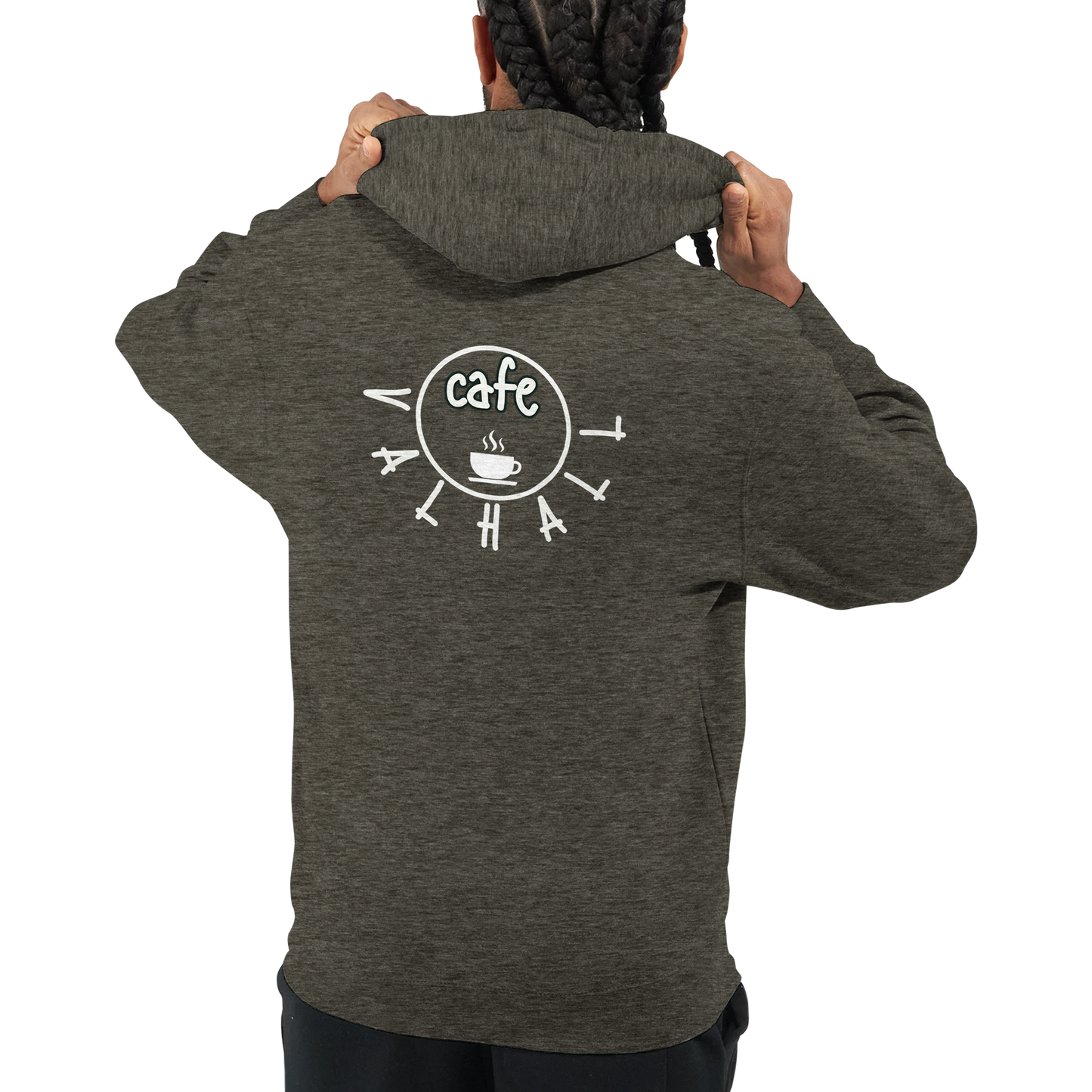 Café Valhall Zip Hoodie i Charcoal Heather – ryggdesign, person bakfra – Nordic Hoodies