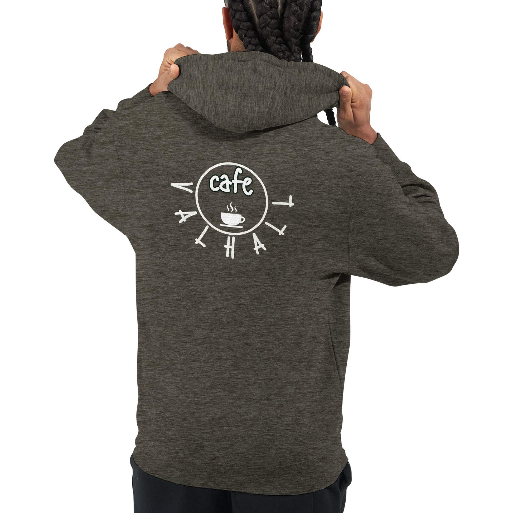 Café Valhall Zip Hoodie i Charcoal Heather – ryggdesign, person bakfra – Nordic Hoodies