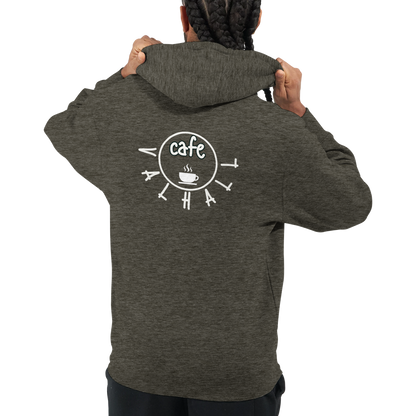 Café Valhall Zip Hoodie i Charcoal Heather – ryggdesign, person bakfra – Nordic Hoodies