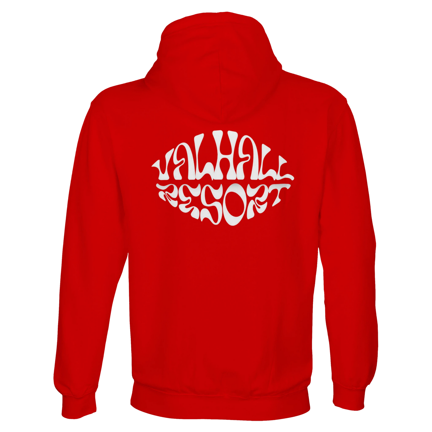 Valhall Resort Hoodie i Bright Red – flat lay ryggdesign – Nordic Hoodies