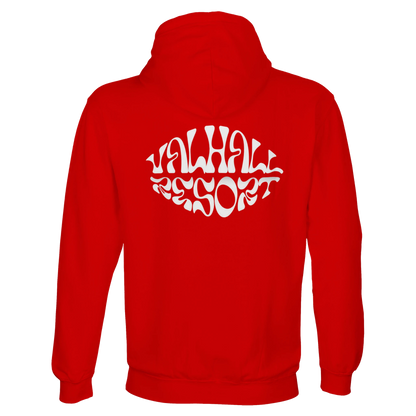Valhall Resort Hoodie i Bright Red – flat lay ryggdesign – Nordic Hoodies